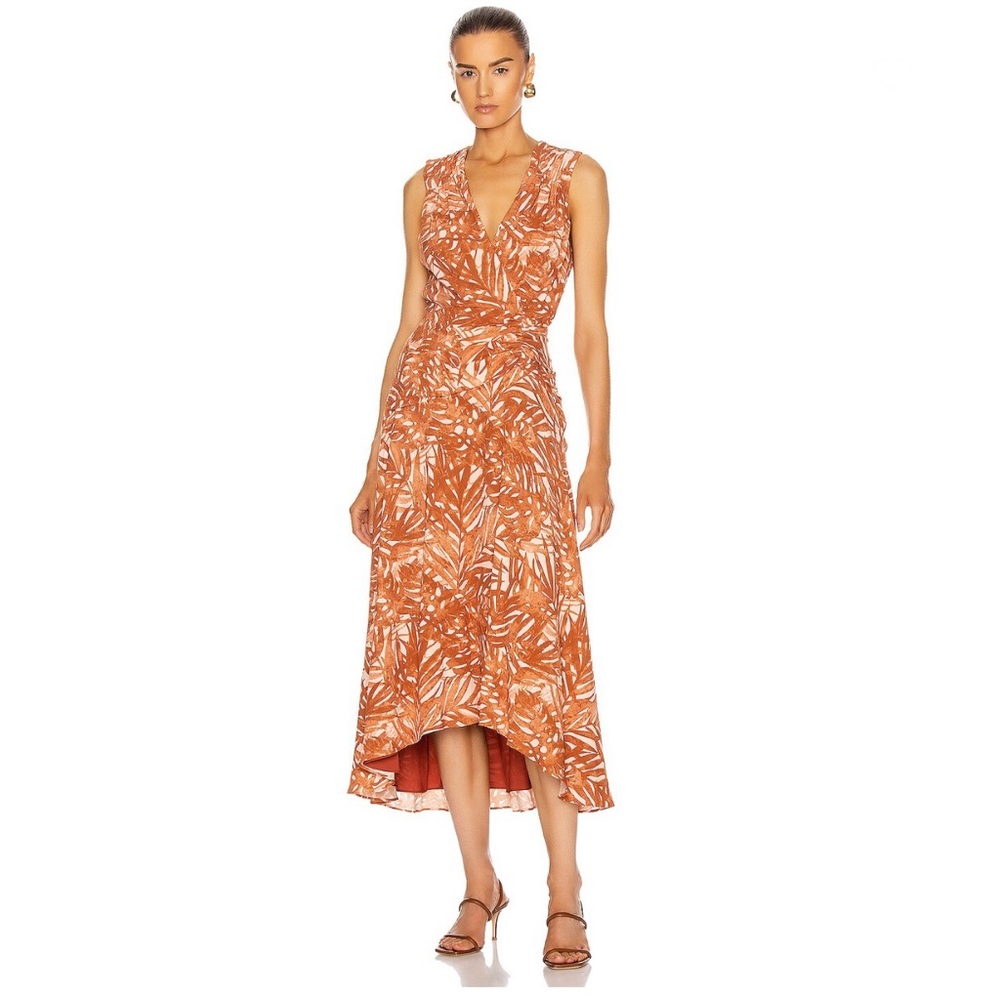 Jonathan Simkhai Priscilla Sleeveless Ruched Midi Dress in Toffee Palm